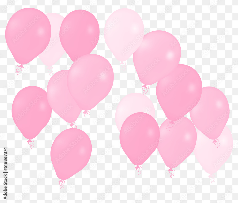 Realistic Helium Vector Balloons pink Color Happy Birthday, in transparent background New Year Party Decoration.  Air Helium Balloons. Celebration,