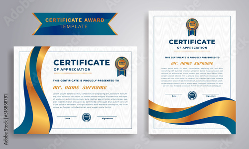 Certificate of appreciation template, gold and blue color. Clean modern certificate with gold badge. Certificate golden border template with luxury line pattern. Diploma vector A4 size template