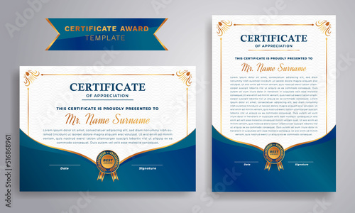 Blue and gold certificate of appreciation border template with luxury badge and modern line pattern. For award, business, and education needs. Diploma certificate of appreciation award Template.