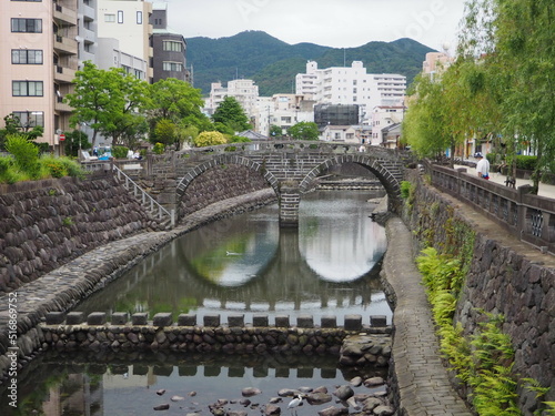 Meganebashi, the most remarkable of several stone bridges that span the Nakashima River in downtown Nagasaki photo
