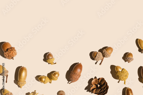 Top view autumn pattern from natural materials, natural golden painted acorns oak tree, dry seeds on beige background. Autumnal minimal style flat lay, aesthetics fall image, above view © yrabota