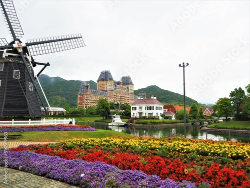 the cityscape of flowers and windmill