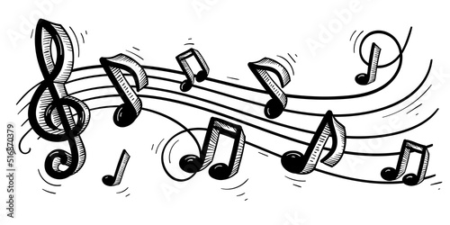Music melody - hand drawn black and white musical notes and clef