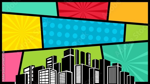 Comic background with city silhouette