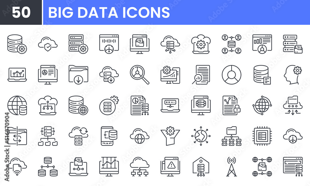 Big Data vector line icon set. Contains linear outline icons like Database, Data Analysis, Server, Cloud Computing, Network, File, Hosting, Storage, Traffic Analysis, Chart. Editable use and stroke. - obrazy, fototapety, plakaty 