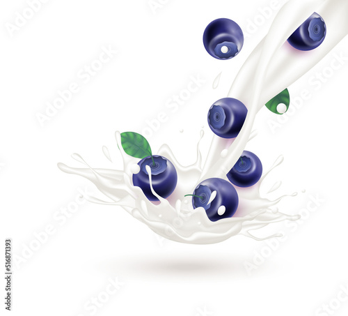 Blueberry milk with blueberry and milk yogurt splashing isolated on white background. Exercises and eat healthy food. Health concept. Realistic 3d vector illustration.