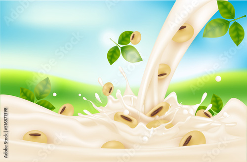 Soy milk splash pouring down for package design. Milk and Calcium. Dietary supplement bone, Medical or healthcare concept. 3d Vector EPS10 illustration