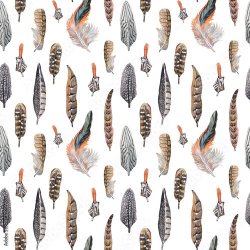 Seamless pattern watercolor blue and orange feather bird cock and owl isolated on white background. Hand-drawn plume. Wildlife tropic art. For sticker wallpaper wrapping. Celebration wedding invite © NatashaKun