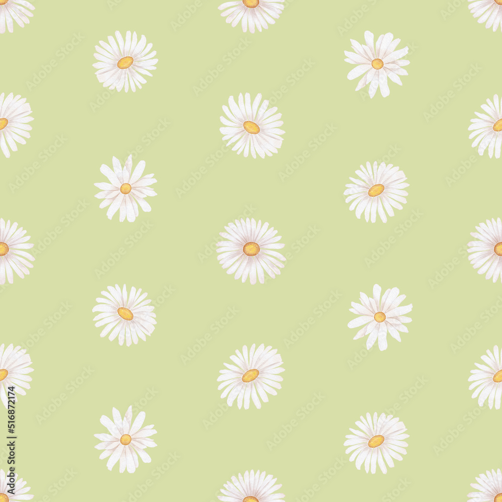Small chamomile flowers. Vintage seamless pattern in a watercolor style. Pastel colors.