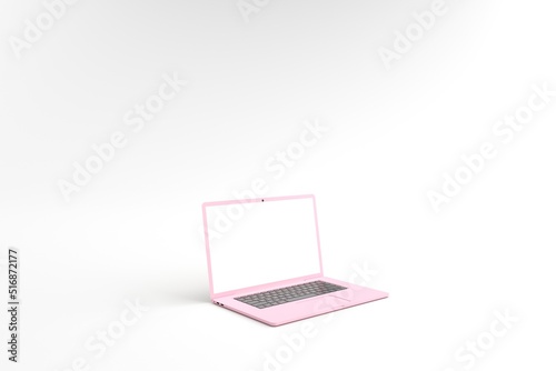 3D rendering of mockups pink laptop white screen on white floor, Pink laptop lay down on ground. Laptop white screen can be used for commercial advertising, Business idea, Isolated on white background