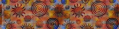 Ethnic background, seamless border, sun symbols, vector design	