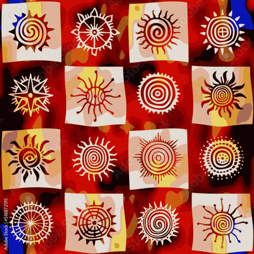 Seamless pattern, ethnic background, sun symbols, vector design	