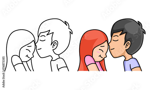 cute boy kissing his girlfriend coloring page for kids