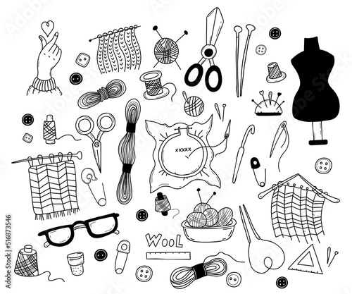 Collection of hobbies, embroidery and knitting. Linear hand drawing in doodle style. Isolated vector tools knitting needles and needles, threads and skeins, spools for needlework. Outline 