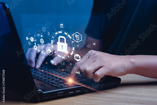 Data protection privacy concept and Internet Security and Cyber Network. data protection programmer with laptop computer with padlock icon. Hackers' digital crimes. customer confidential information.