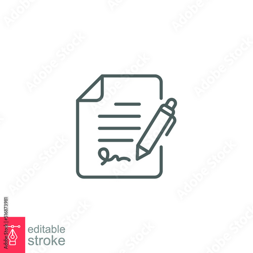 Pen signing contract icon. Simple outline style. Signature, paper, thin line symbol isolated on white background for graphic and web design. Editable stroke EPS 10. photo