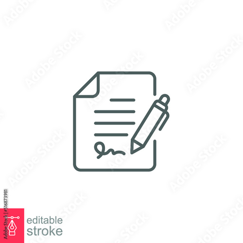 Pen signing contract icon. Simple outline style. Signature, paper, thin line symbol isolated on white background for graphic and web design. Editable stroke EPS 10.