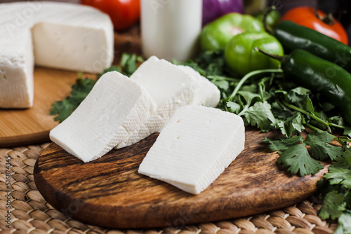 Mexican white panela cheese with fresh ingredients in Mexico Latin America	