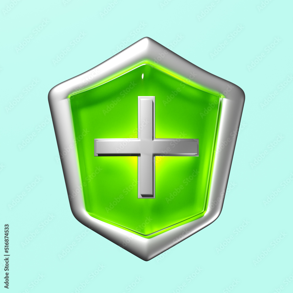 Fototapeta premium 3d icon for health protection green shield with cross, bacteria protection, anti germ defence, health insurance, health protected metal shield symbol isolated on green background. 3d render