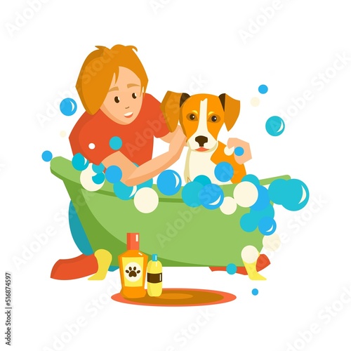 Happy pet owner Young woman washing Jack russell terrierin bubble bath. Grooming service. Cartoon illustration on white background