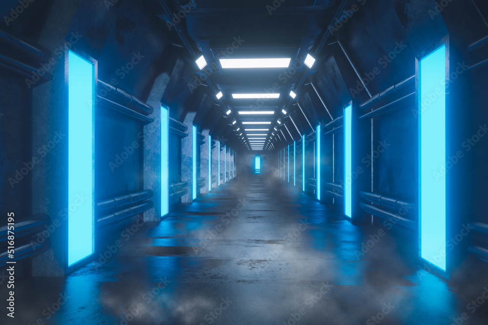 Spaceship interior architecture corridor,modern futuristic Sci Fi space,metal floor and light panels,white and purple neon glowing light,interior design background,cyber punk dark design,3d rendering