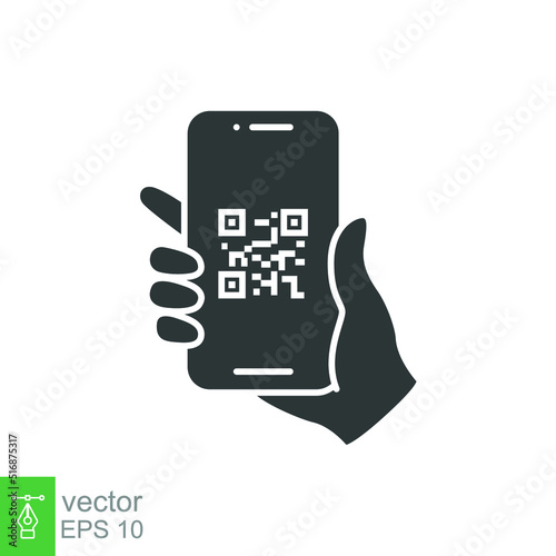 QR code scanning in smartphone screen. Hand holding Mobile phone. Simple solid icon style, barcode scanner for pay, web, mobile app. Vector illustration isolated. EPS 10.