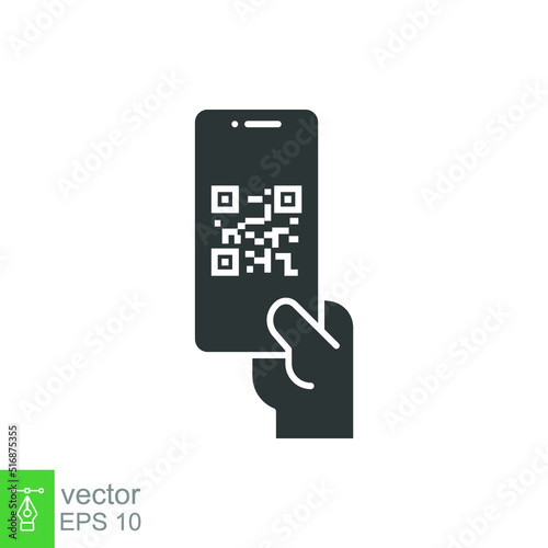 QR code scanning in smartphone screen. Hand holding Mobile phone. Simple solid icon style, barcode scanner for pay, web, mobile app. Vector illustration isolated. EPS 10.