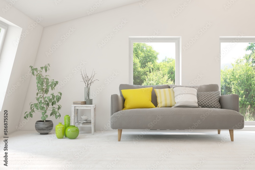 Obraz premium Minimalist living room in white color with sofa and summer landscape in window. Scandinavian interior design. 3D illustration