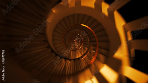 Vertigo effect. Camera makes a fast dolly zoom down the spiral staircase CGI 4K