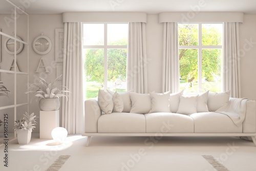 White minimalist living room with sofa. Scandinavian interior design. 3D illustration