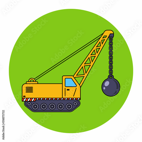 yellow construction vehicle for the demolition of the building. flat vector illustration.