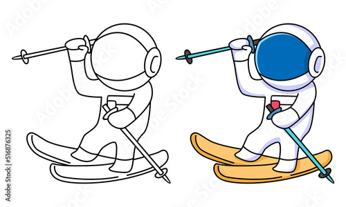 cute astronaut ice skiing coloring page for kids