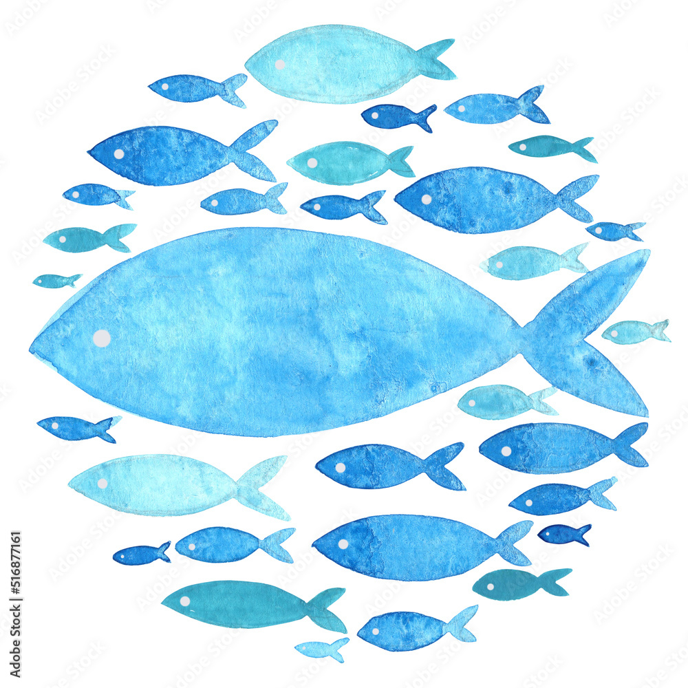 school of fish on round shape watercolor illustration for decoration on fishing and ocean concept. school of fish on round shape watercolor illustration for decoration on fishing and ocean concept.