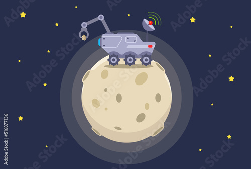 lunar rover works on the surface of the moon. exploration of a space object. flat vector illustration.