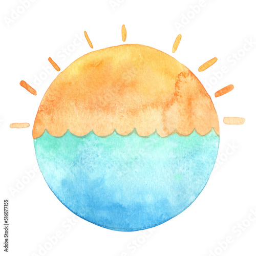 Photography sunrise with the sea circle banner watercolor for decoration on summer holiday and nautical concept