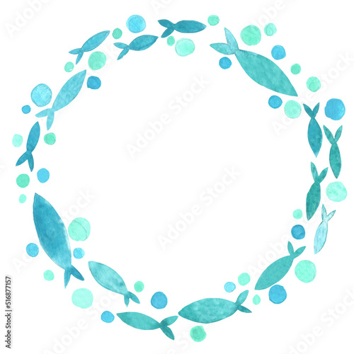 school of fish wreath watercolor illustration for decoration on fishing and ocean concept.