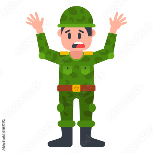 a soldier in military uniform gives up and raises his hands up. flat vector illustration.