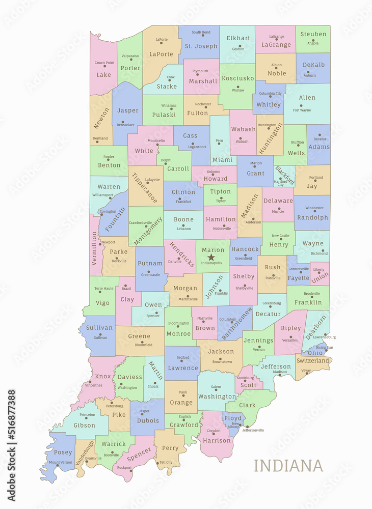 Political color map of Indiana, USA federal state. Highly detailed map of American region with territory borders and counties names labeled realistic vector illustration