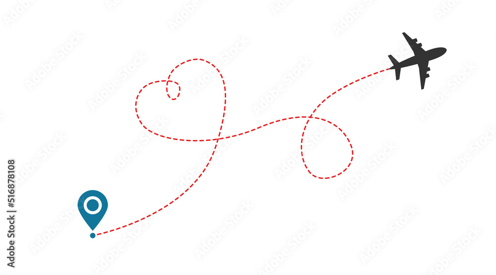 Love airplane route. Travel from start point and red dotted line tracing. Love airplane route. Travel from start point and red dotted line tracing.