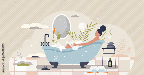 Obraz na płótnie Self care with bath tub relaxation and SPA treatment tiny person concept