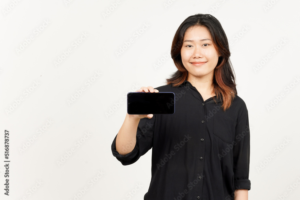 Showing Apps or Ads On Blank Screen Smartphone of Beautiful Asian Woman Isolated On White Background Showing Apps or Ads On Blank Screen Smartphone of Beautiful Asian Woman Isolated On White Background