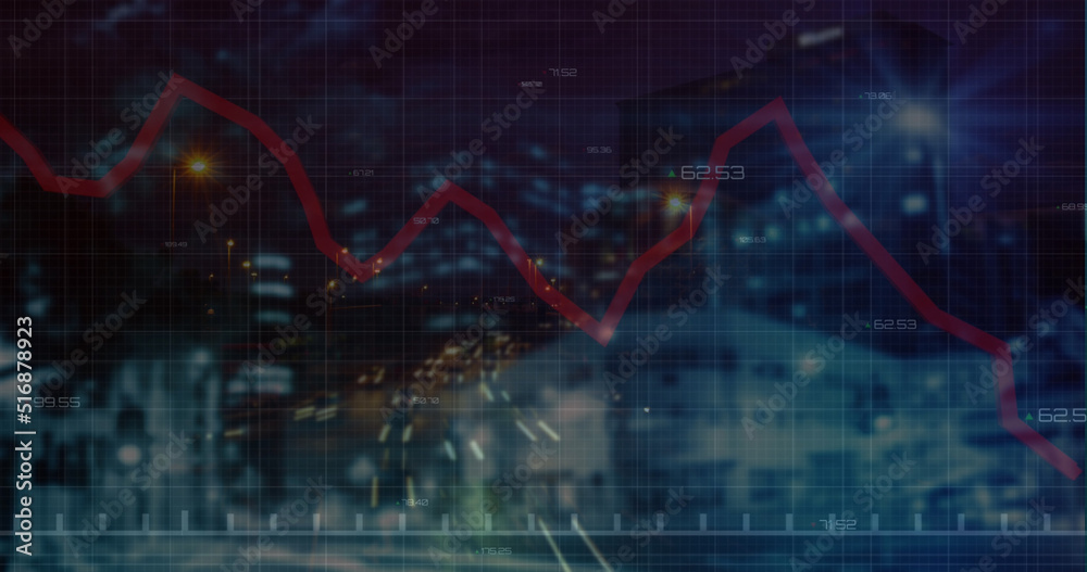 Obraz premium Image of financial data processing over cityscape