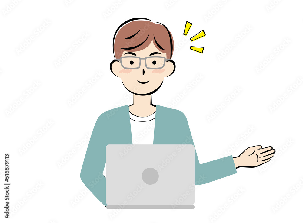 パソコン操作で案内する男性