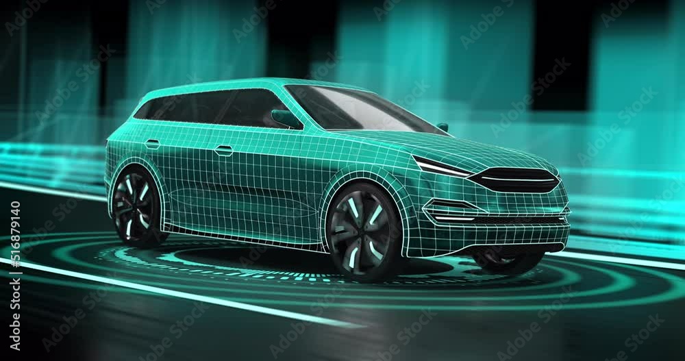 Endless ride of autonomous self driving modern car in the city structure. Front view of green SUV car. Futuristic 4K video of own designed generic non existing car.