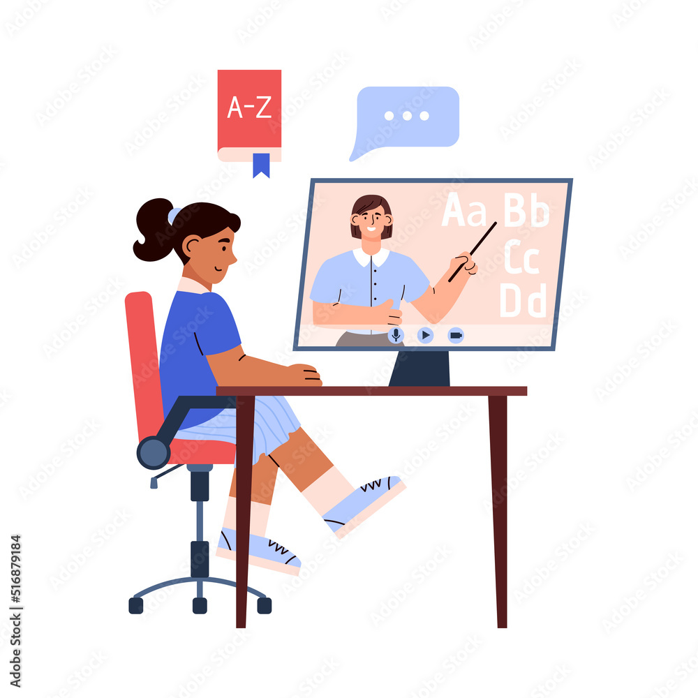 Little girl sitting at the table and learning English alphabet with video lesson Little girl sitting at the table and learning English alphabet with video lesson