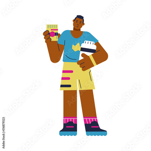 Sportsman with sports nutrition jars flat cartoon vector illustration isolated.