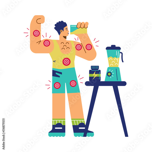 Muscular young man drinking protein cocktail flat style