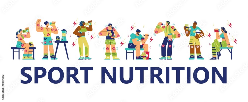 Set of athletic characters drinking and eating sport supplements for muscle and energy flat style