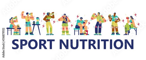 Set of athletic characters drinking and eating sport supplements for muscle and energy flat style