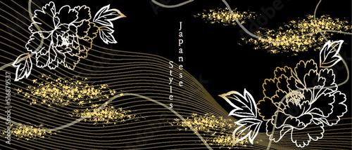 Japanese-style background　華やかな花のテンプレート　古典柄の牡丹の花　金色の背景　カーブ　デザイン素材